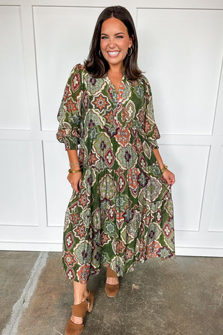 Paisley Printed Olive Maxi Dress