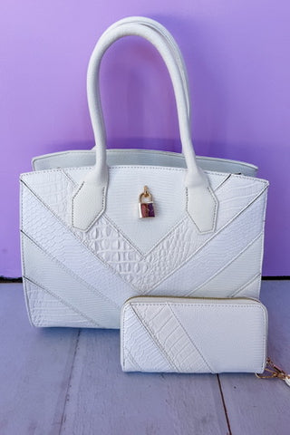 Off White Faux Leather Chevron Satchel & Wristlet Set