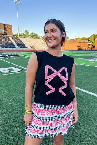 Tailgate Bow Red & Black Gingham Top