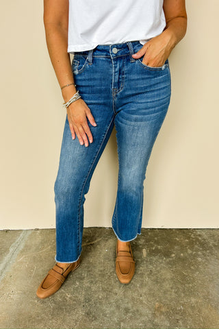 Mid Rise Medium Wash Cropped Bootcut Jean by Mica