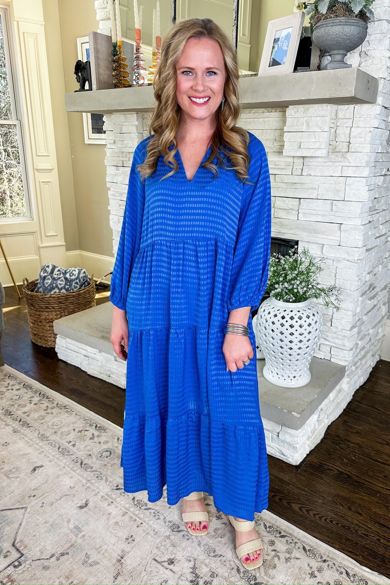Blue Textured Block Print Tiered Midi Dress