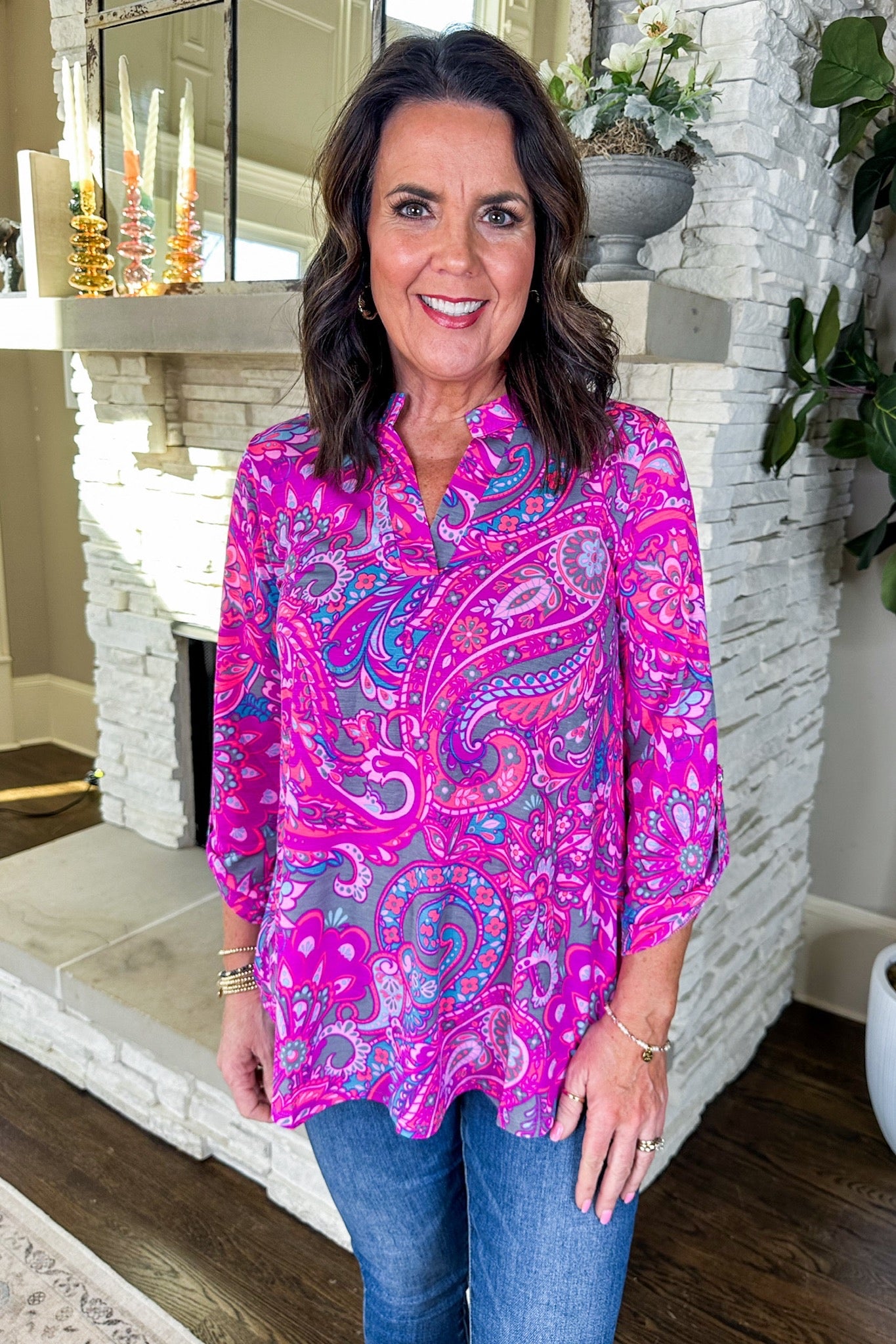 The Lizzy Top in Grey/Magenta Paisley Mix