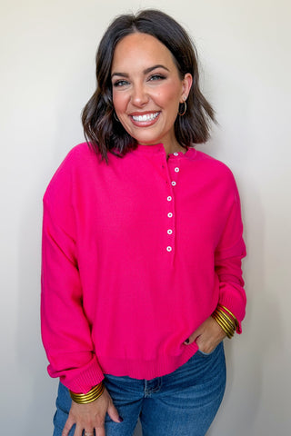 Punchline Pink Quarter Button Sweater