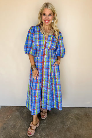 Blue Checkered Plaid Midi Zip Dress