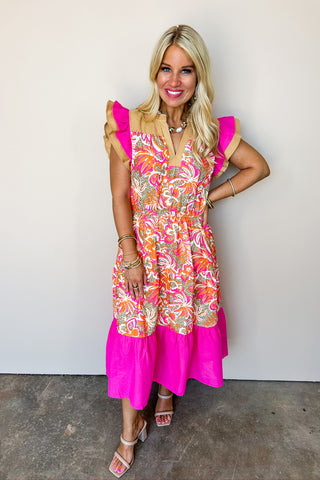 Wild Sunset Hot Pink Midi Dress