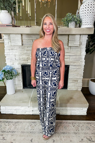 Navy & Ivory Printed Ruffle Jumpsuit