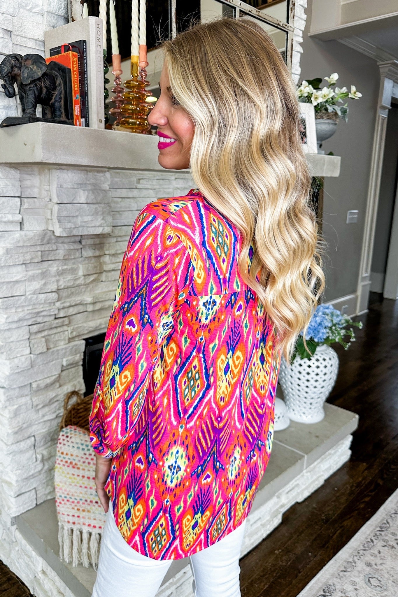 The Lizzy Top in Pink Multi Tribal Print