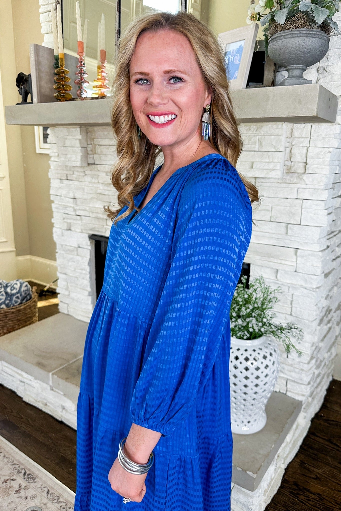 Blue Textured Block Print Tiered Midi Dress