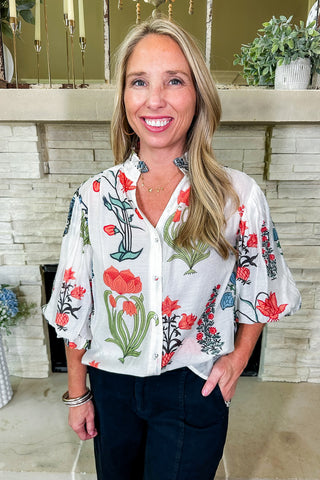 Whimsical Floral Ivory Blouse