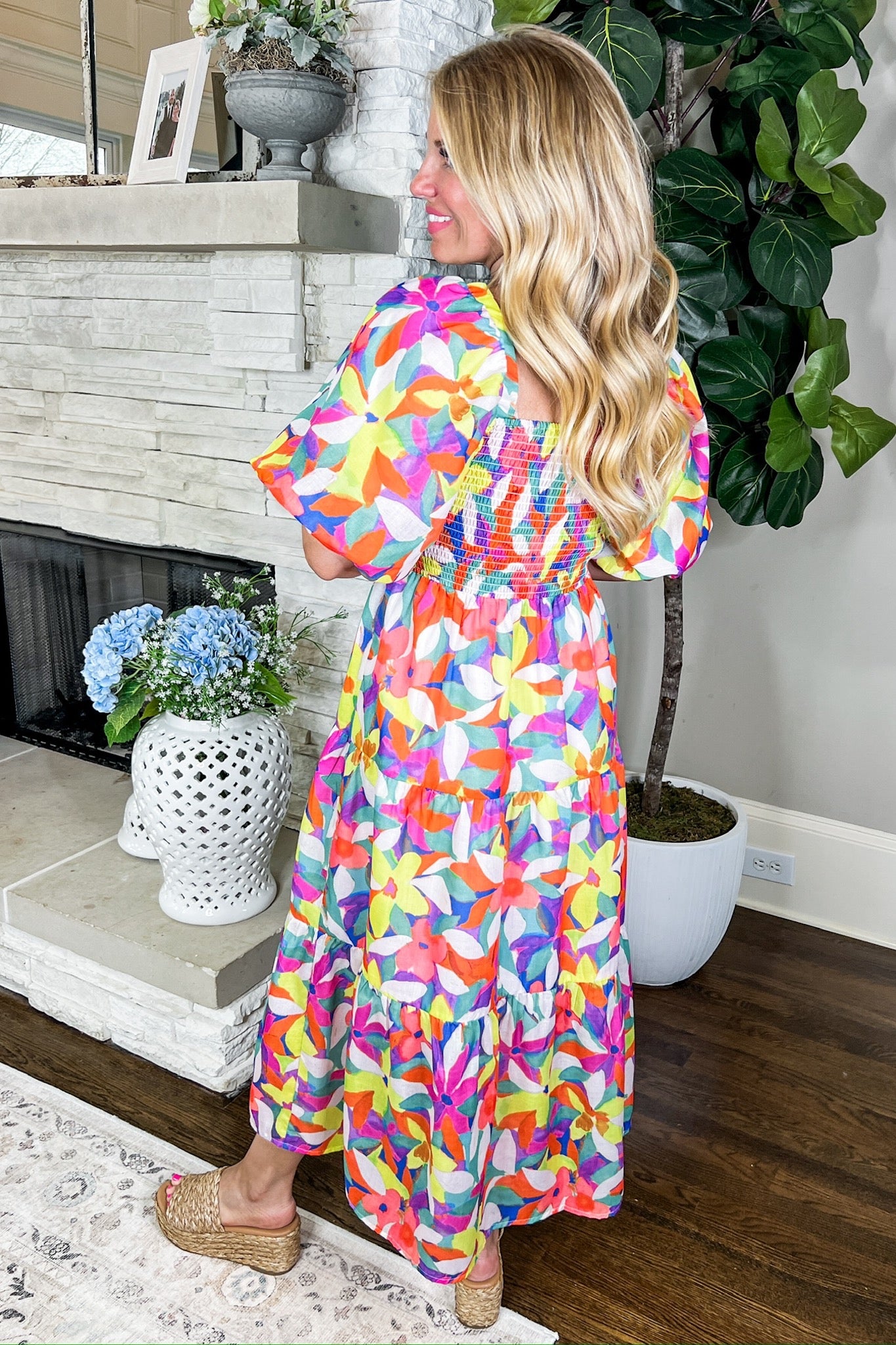 Bold Flower Print Puff Sleeve Smocked THML Maxi Dress