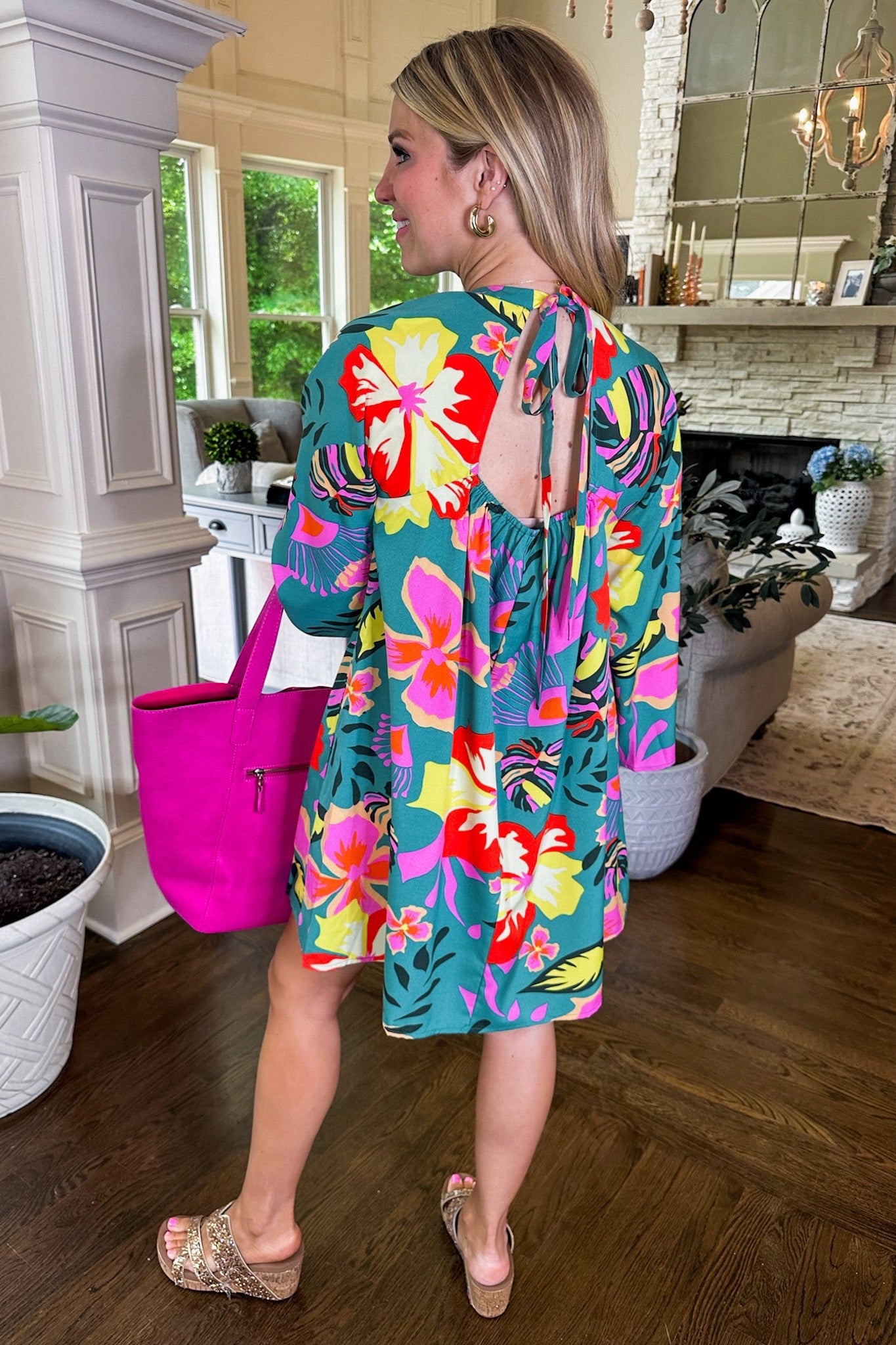Tropical Floral Bell Sleeve Teal Keyhole Dress