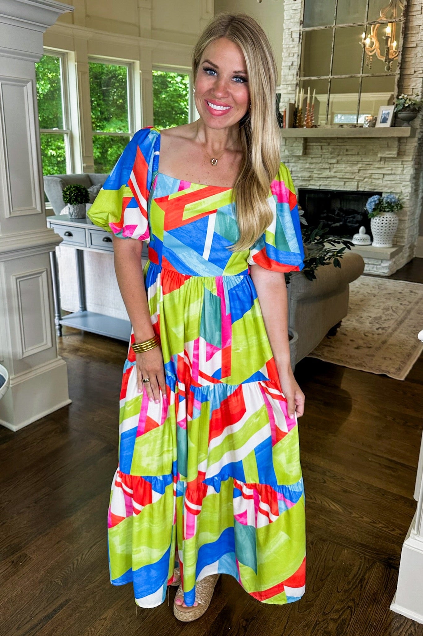 Multi Tropical Abstract Square Neck Tiered Maxi Dress
