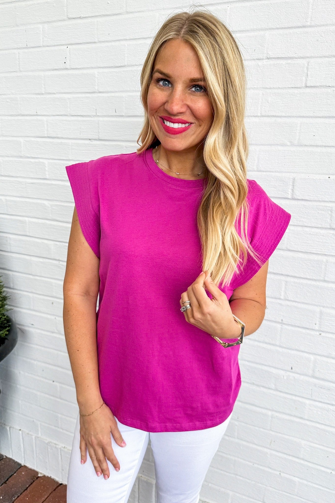 Essential Stitched Cap Sleeve Top in Raspberry
