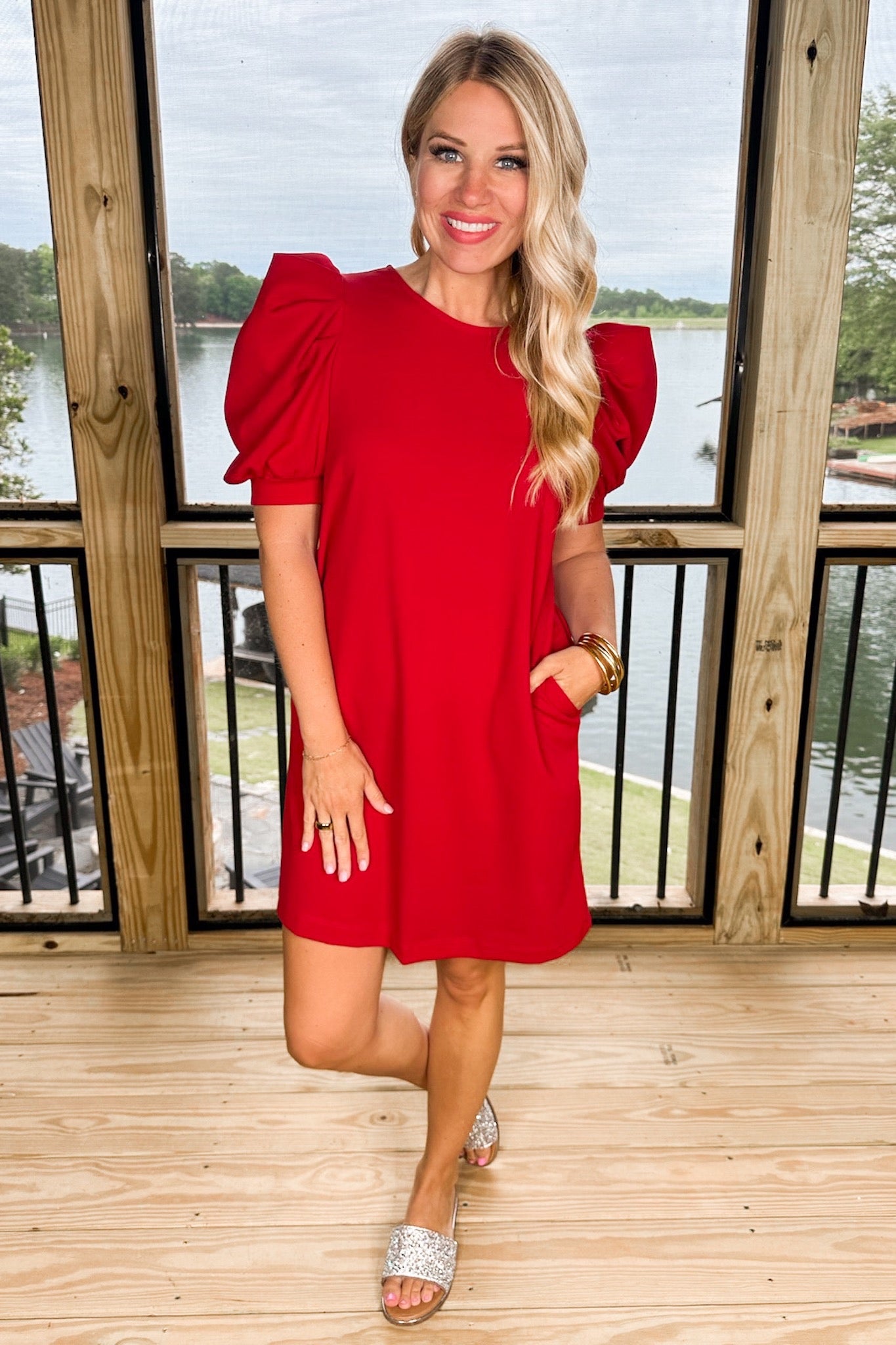 Classic Puff Sleeve Pocketed Shift Dress in Red