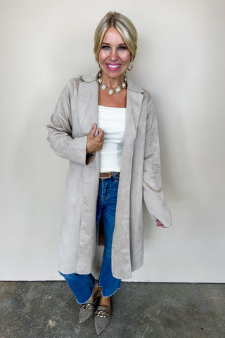 Light Mocha Suede Lapel Collared Long Jacket