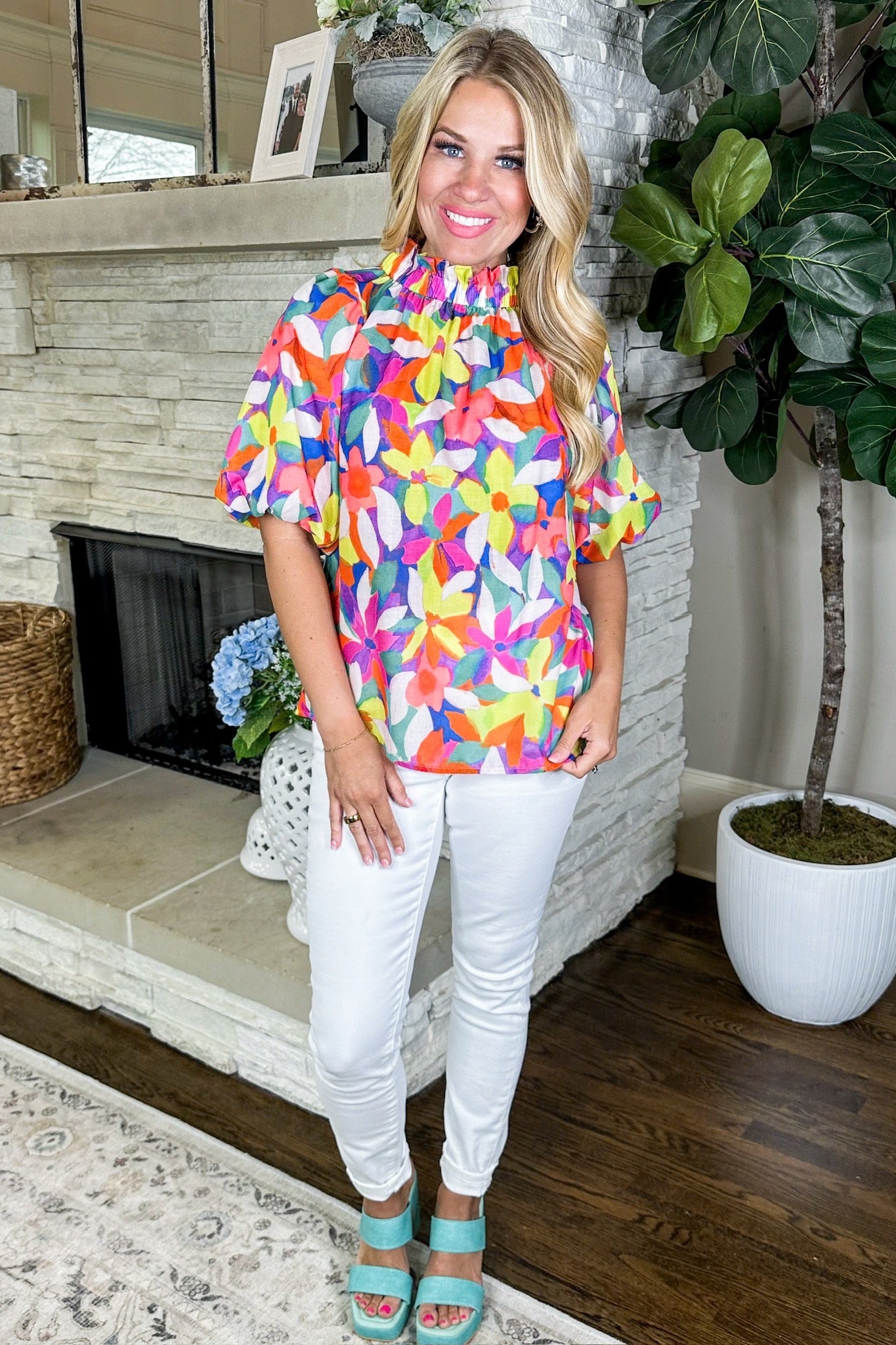Bold Flower Print Mock Neck Button Down Back THML Top