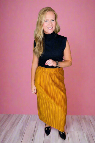 Ribbed Velvet Side Slit Mustard Pencil Skirt