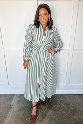Whispering Green Striped Maxi Zipper Dress