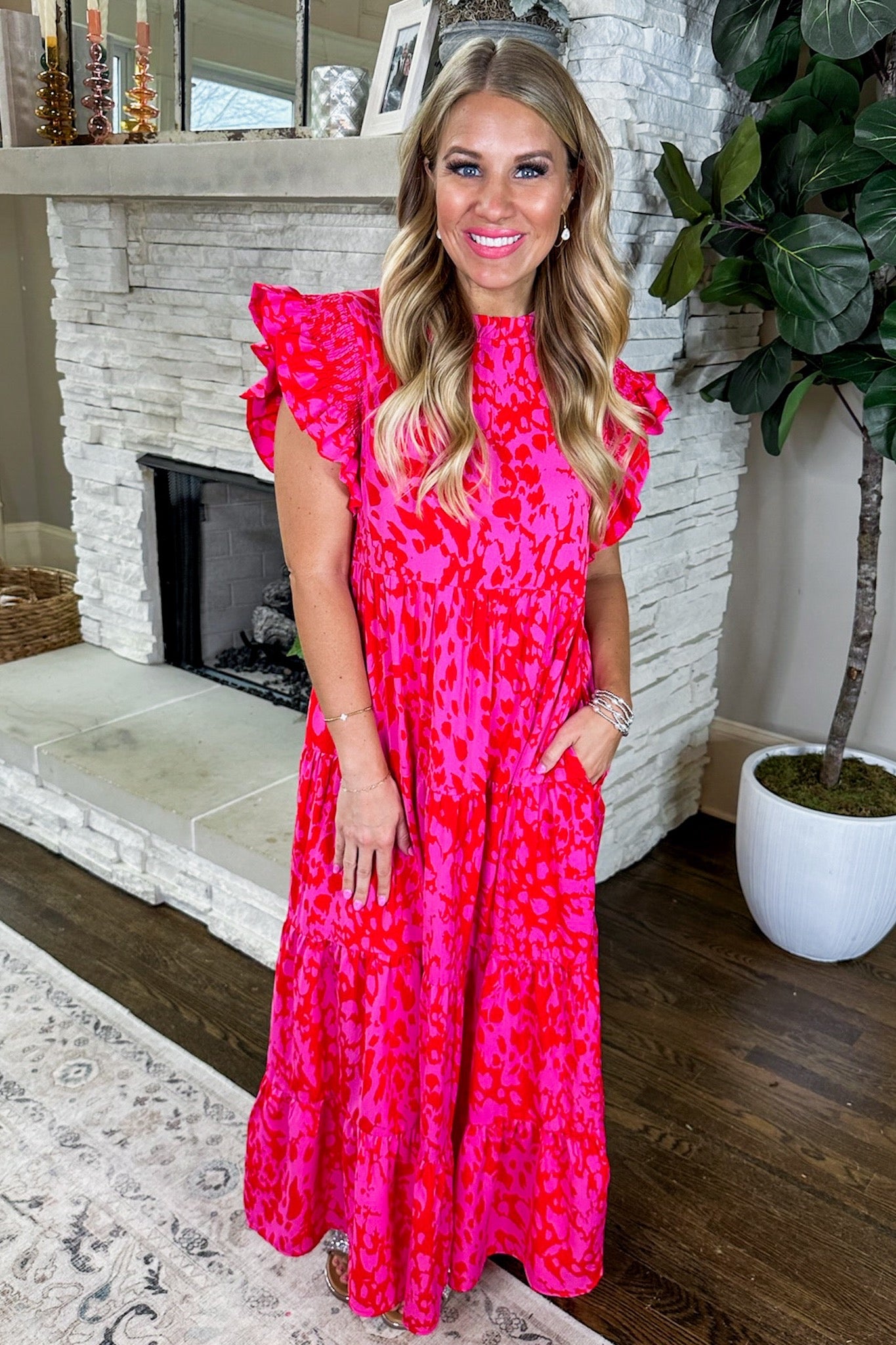 Abstract Animal Print Tiered Midi Dress in Pink & Red