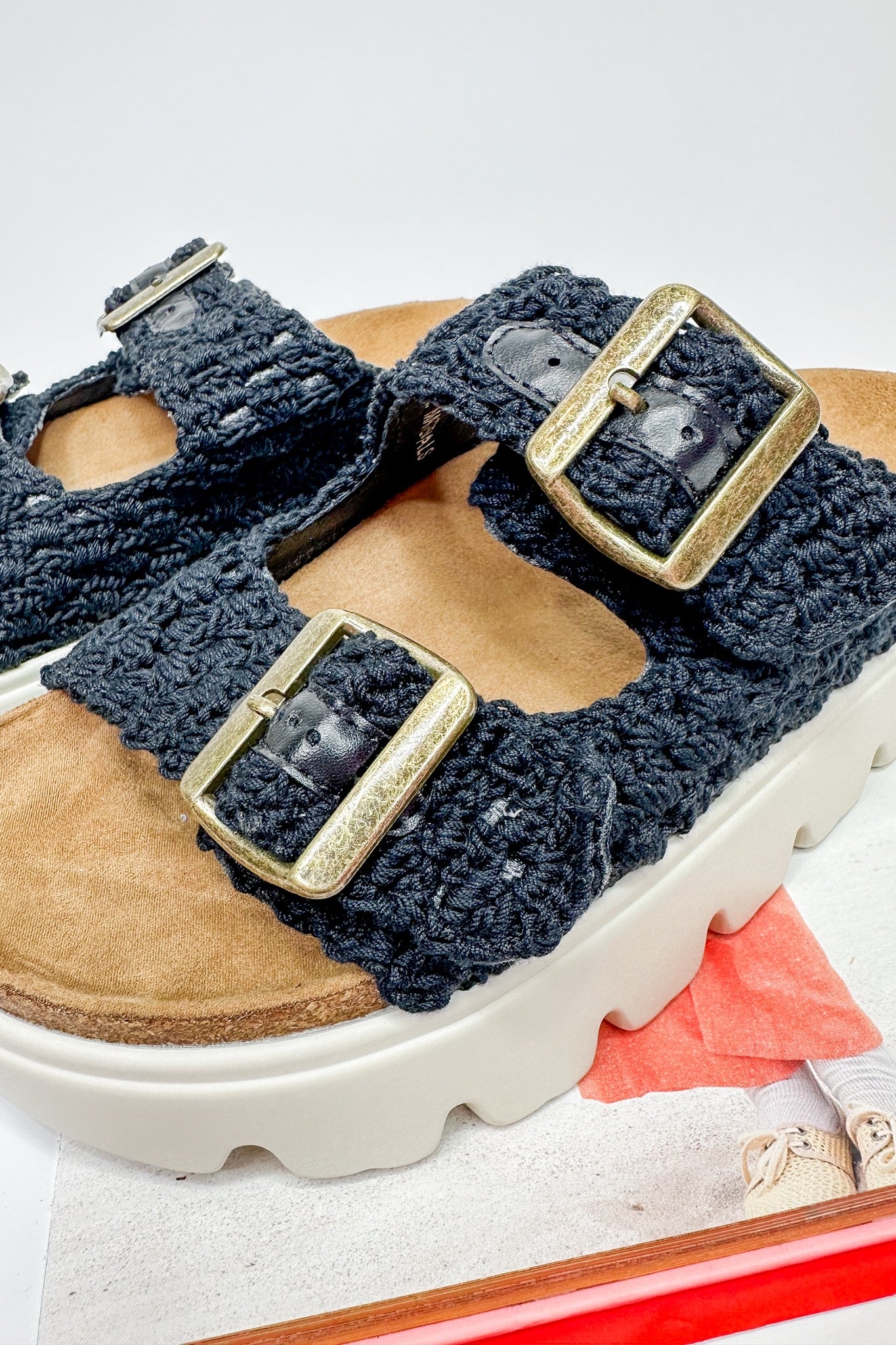 Rumor Has It Double Strap Slide On Corkys Sandal in Black Crochet
