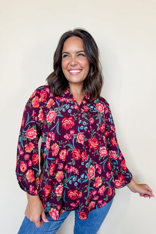 Dear Scarlett Lizzy Printed Top In Wine