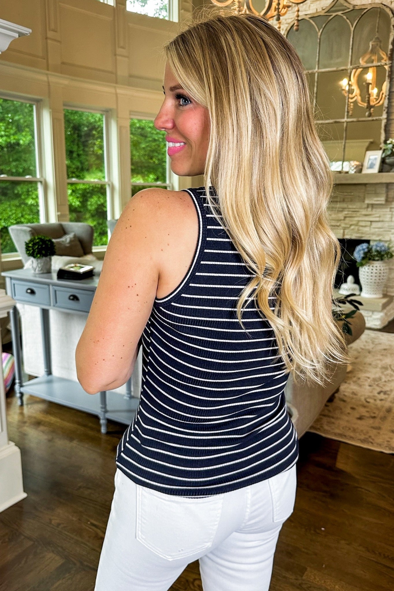 Fitted Layering Striped Ribbed Tank Top in Navy