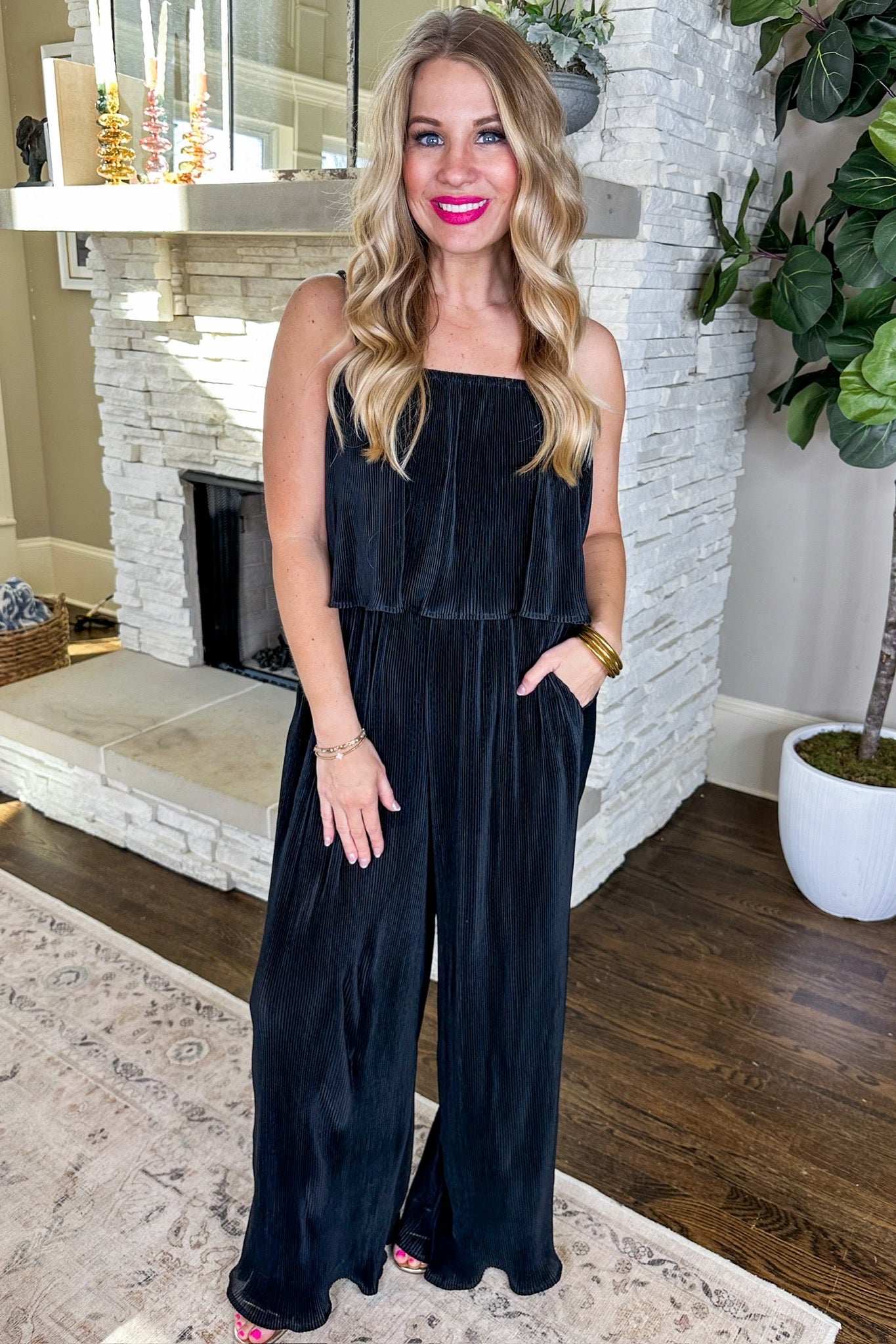 Pleated Thin Strap Tank Jumpsuit in Black