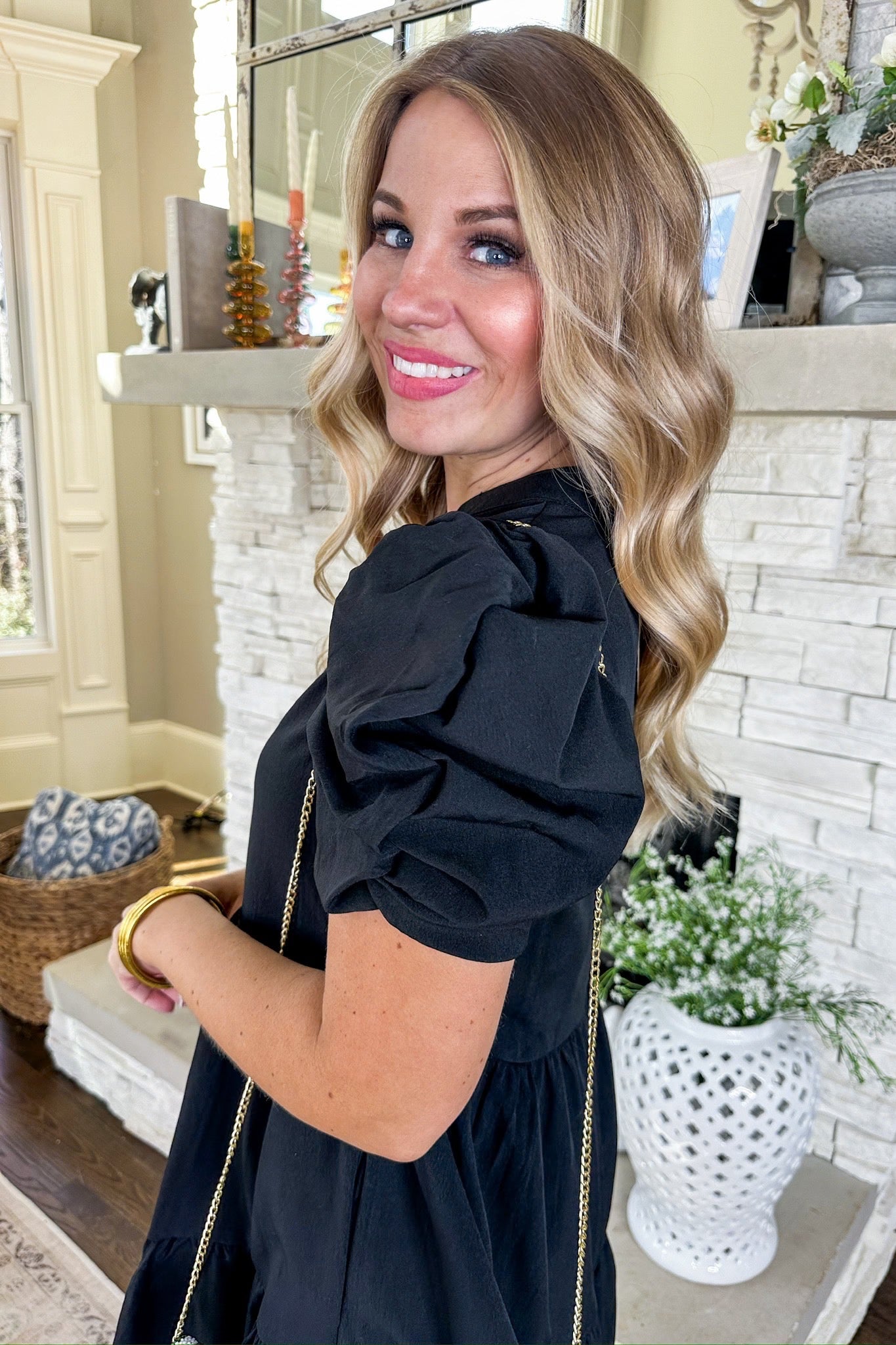 Ruffle Sleeve V Neck Tiered Dress in Black