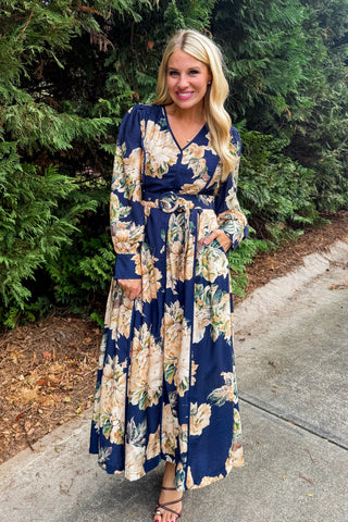 Meadow Glow Navy Blue Floral Midi Dress