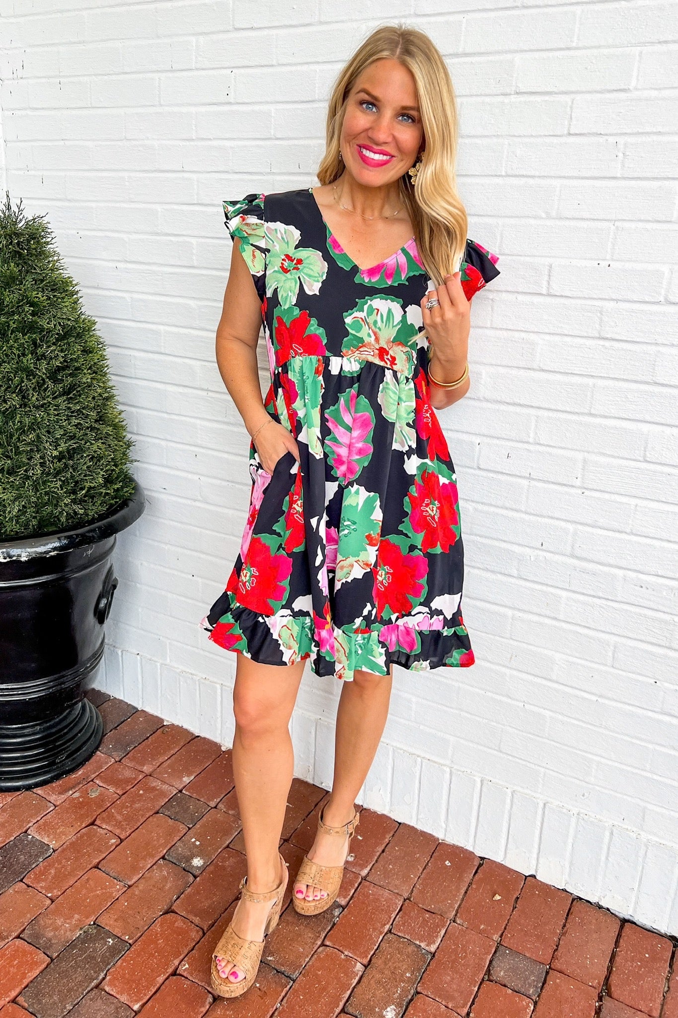 Floral Pocketed Ruffle Sleeve Dress in Black