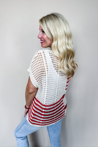 Red Striped Color Block Crochet Knit Cream Top