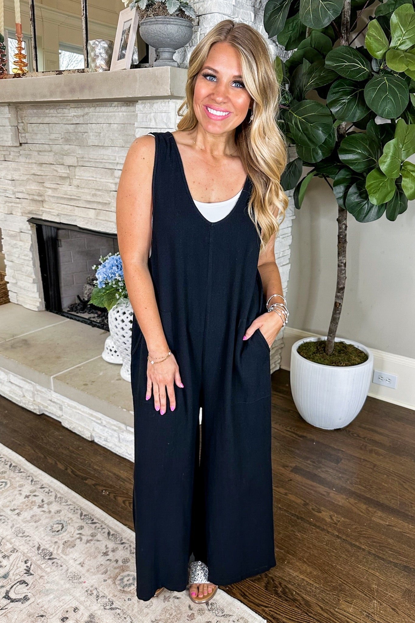 Pocketed Tank Top Linen Jumpsuit in Black