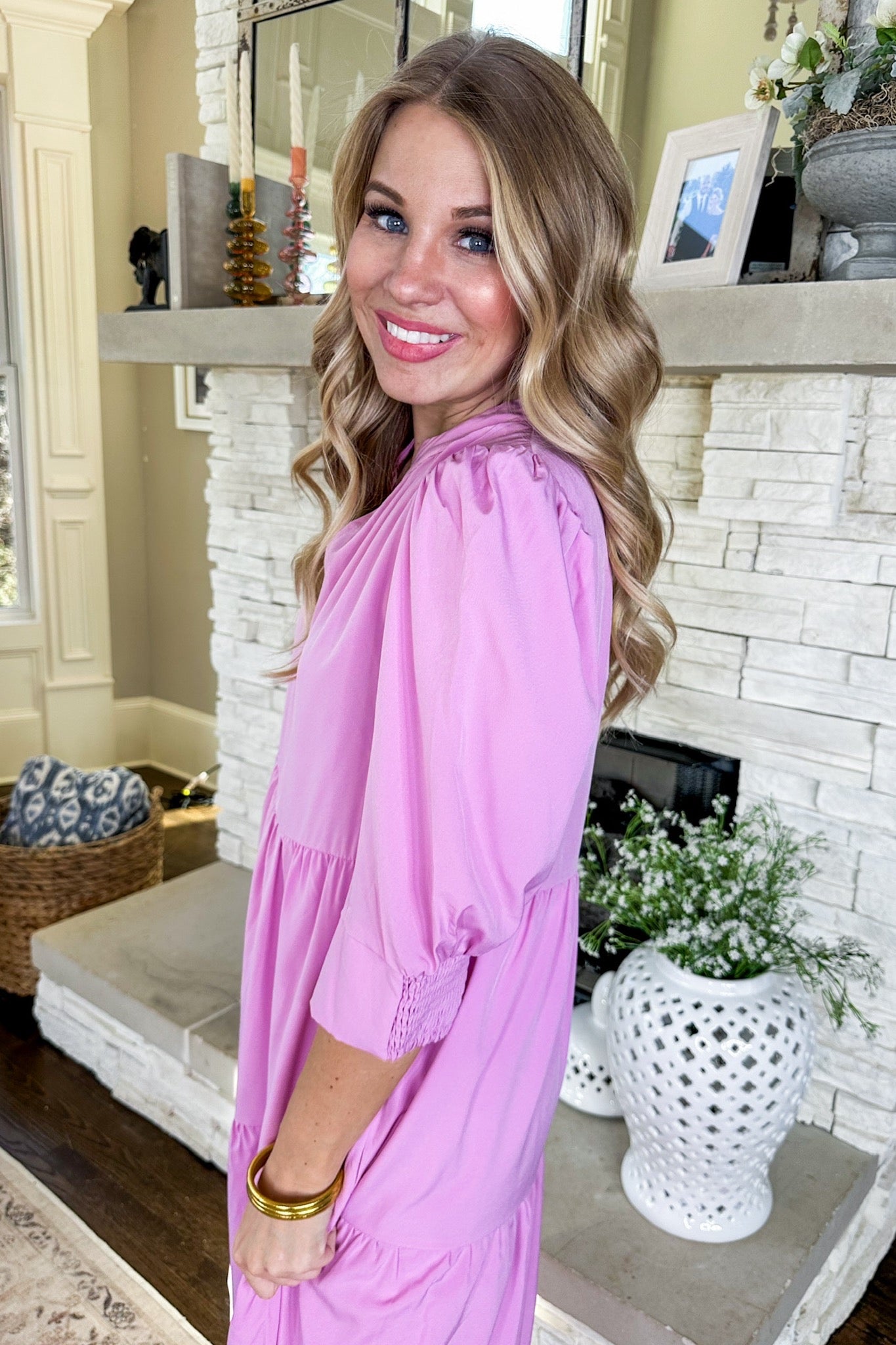 Pocketed Tiered Midi Shift Dress in Mauve