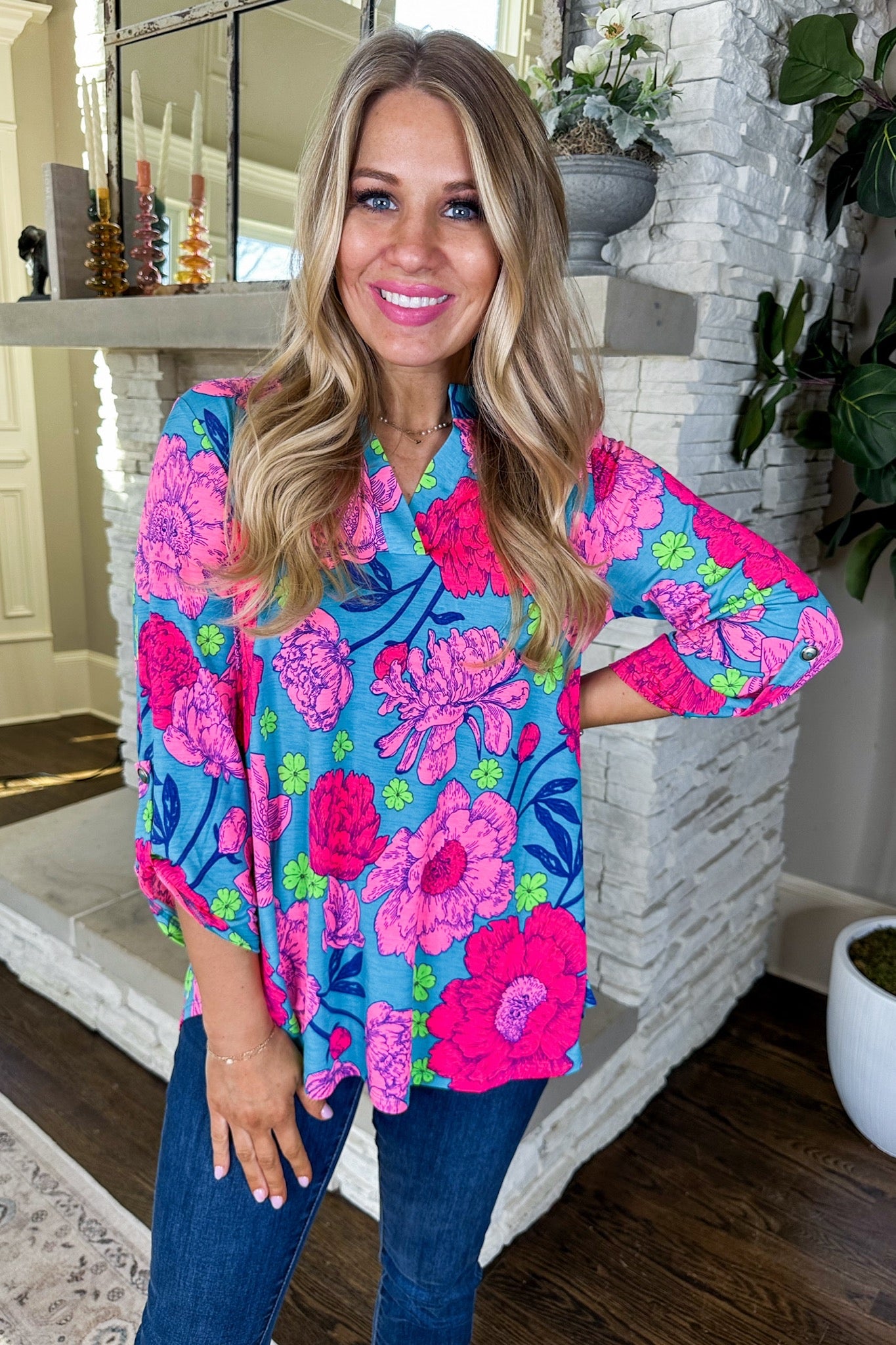 The Lizzy Top in Bright Turquoise Floral