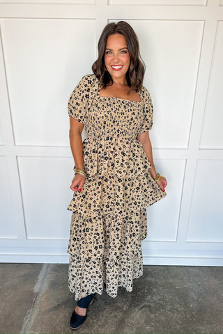 Smocked Floral Square Neck Tiered Pocketed Maxi Dress in Tan/Black