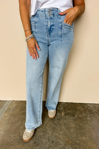 Super High Rise Light Wash Utility Pocket Wide Leg Mica Jeans