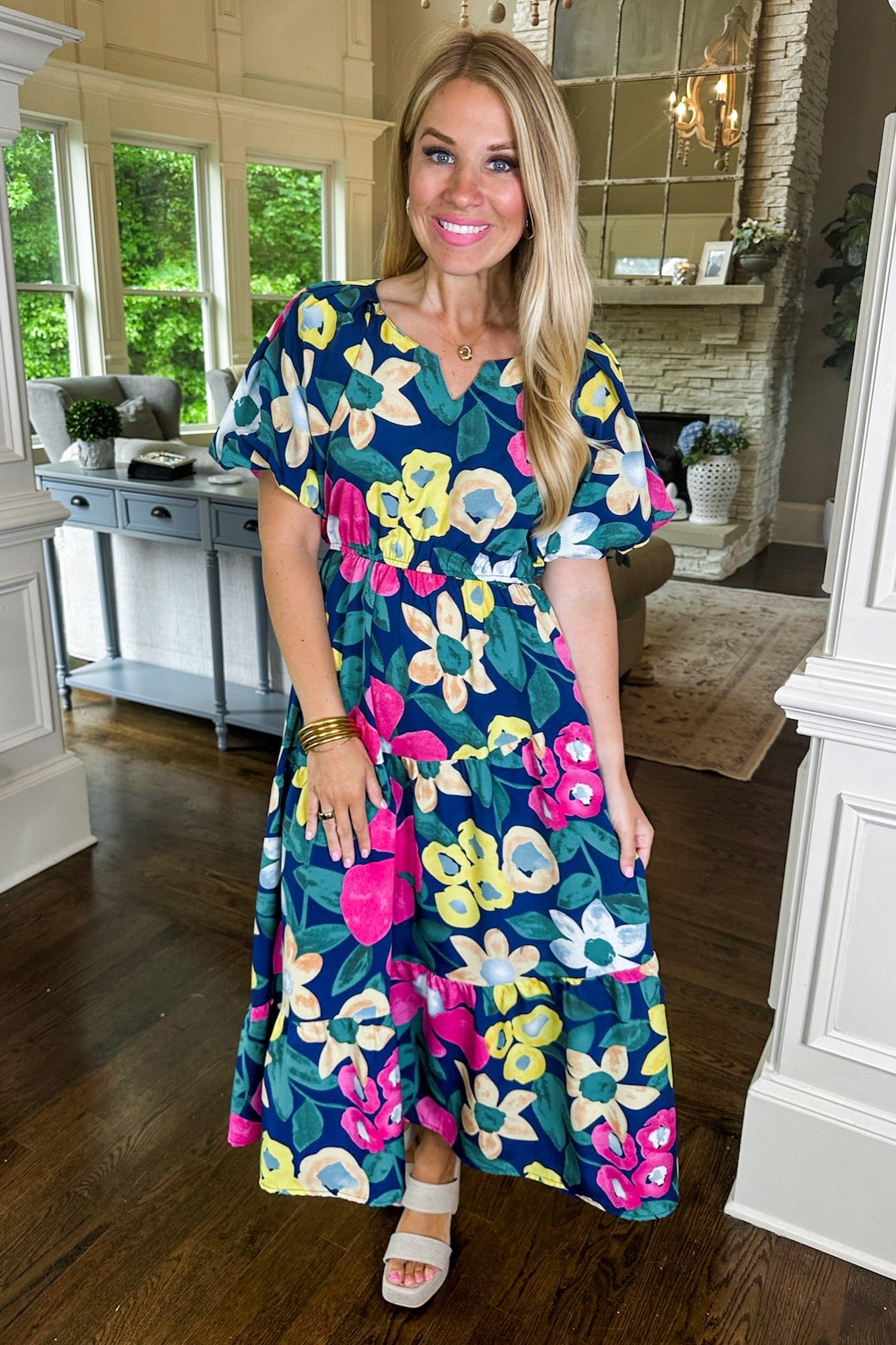 Bubble Sleeve Notched Neck Watercolor Floral Midi Dress