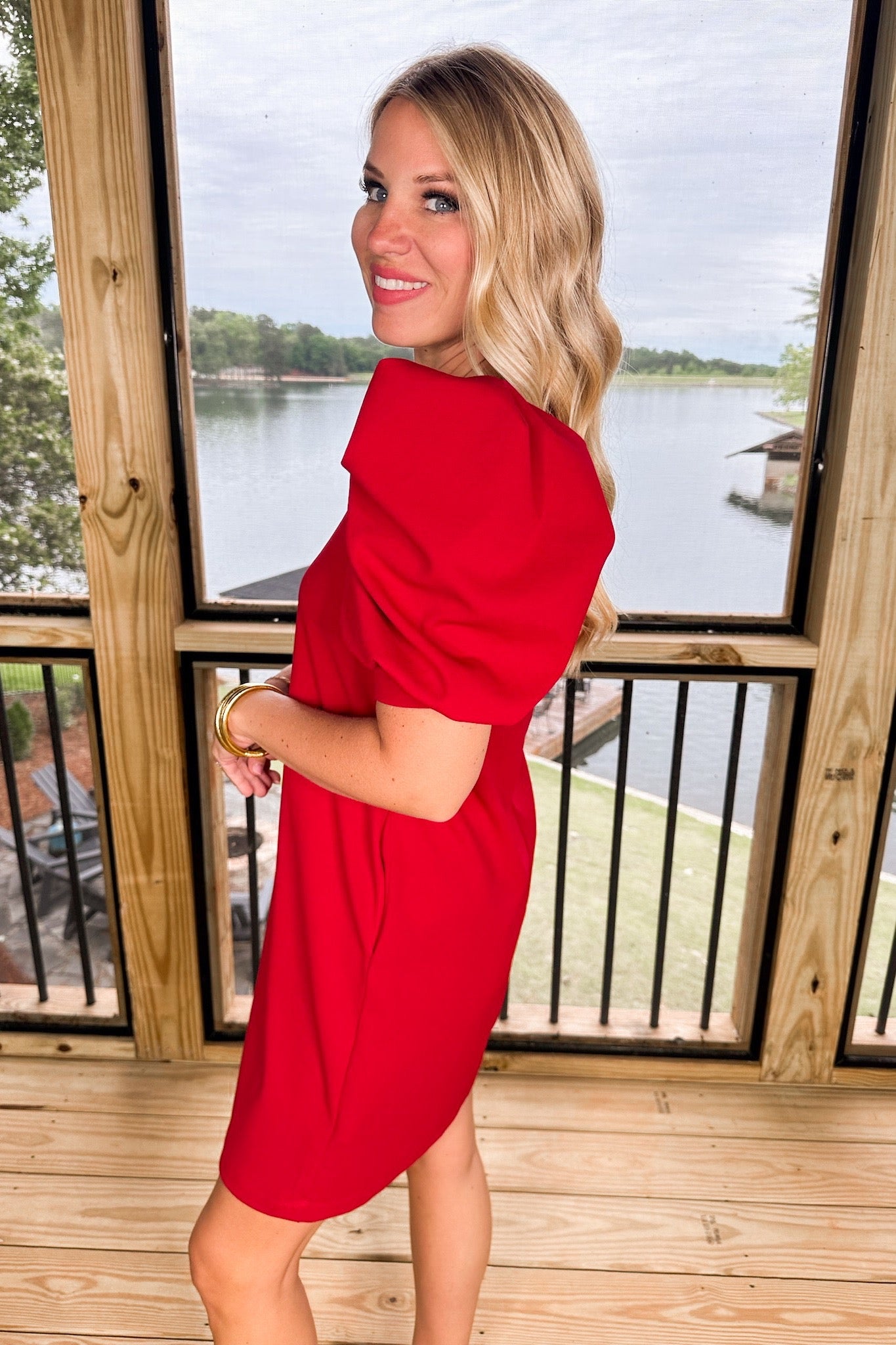 Classic Puff Sleeve Pocketed Shift Dress in Red