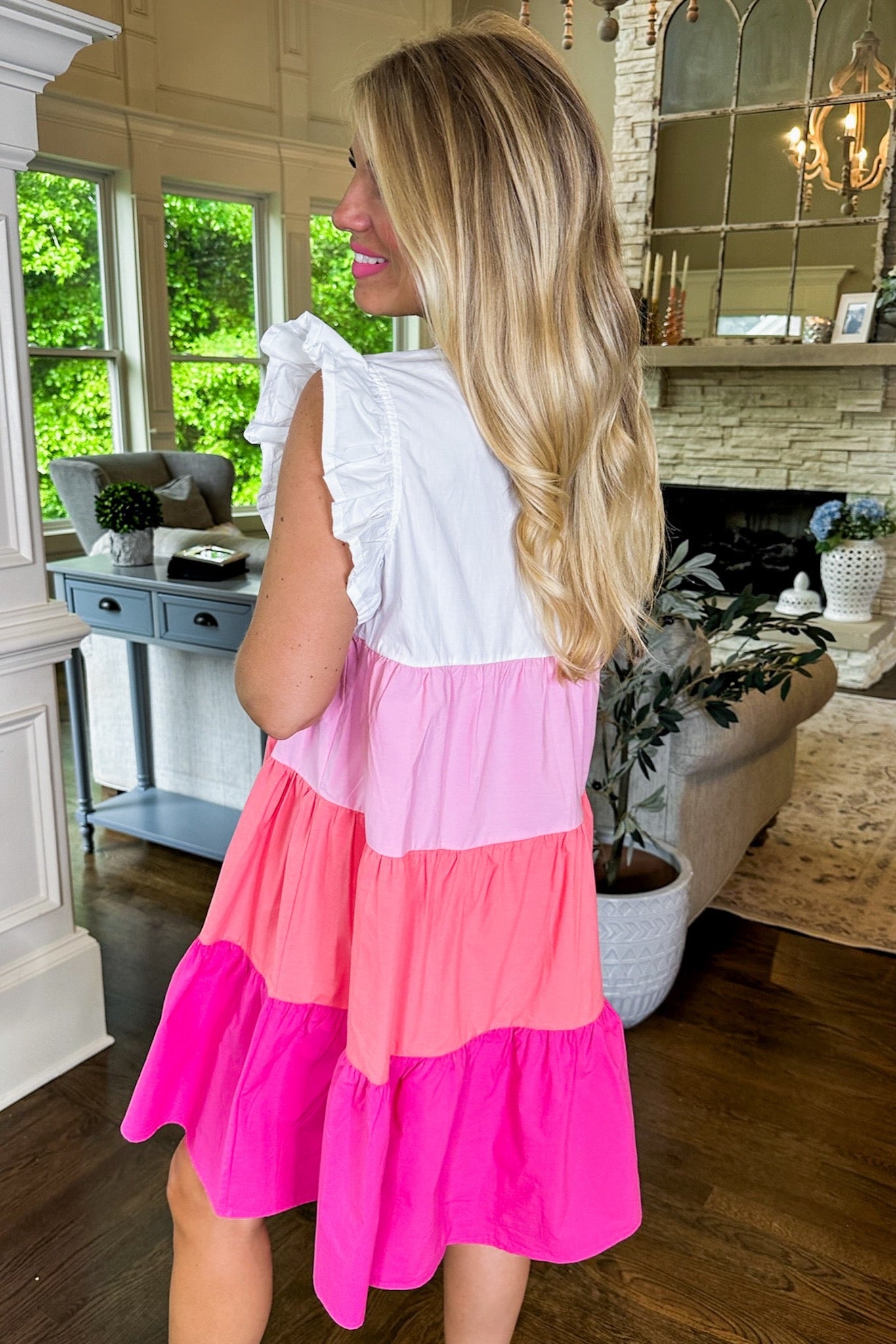 Pink Color Block Tiered Ruffle Sleeve V Neck Dress