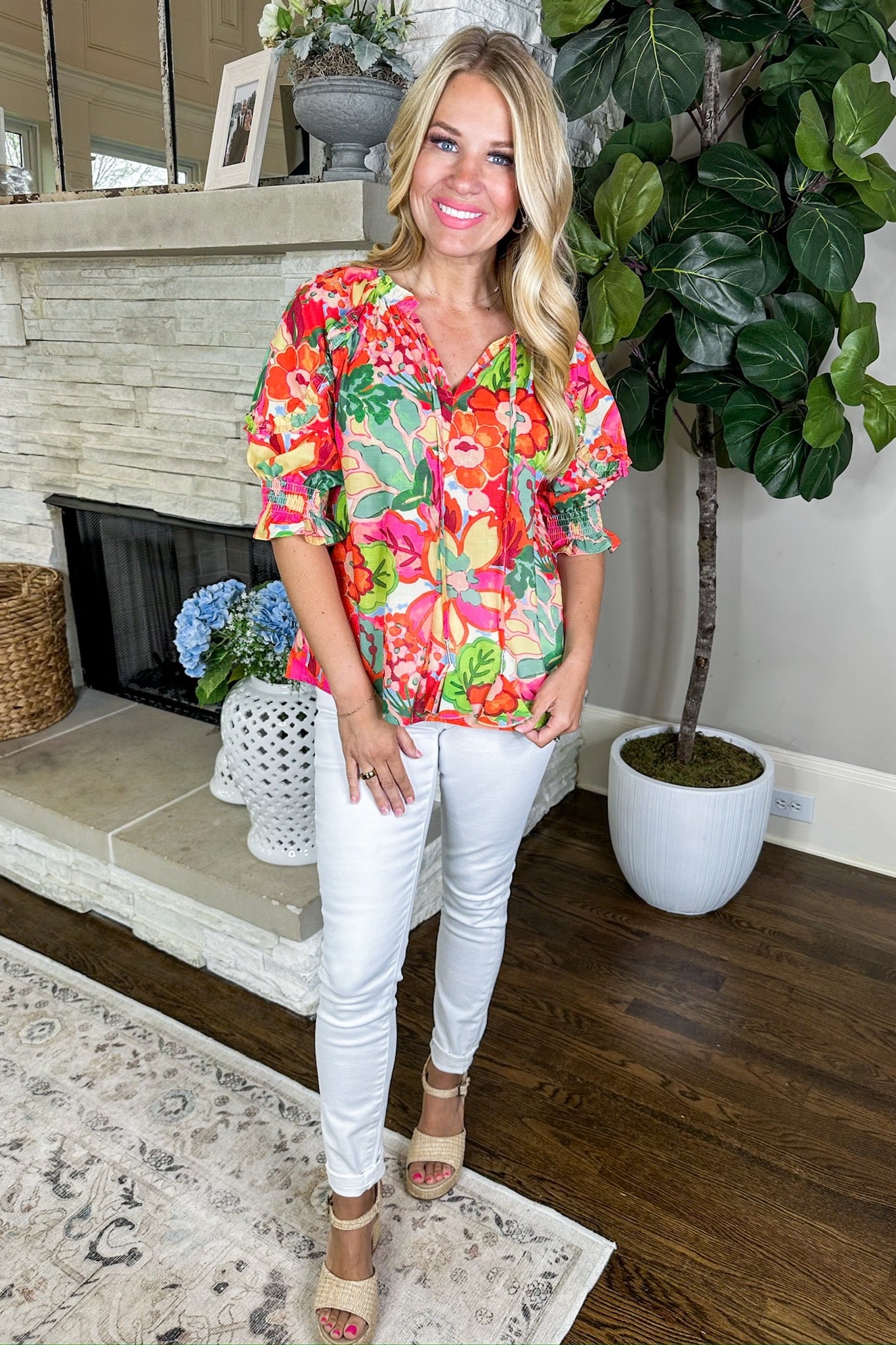 Detailed Watercolor Floral Smocked Sleeve THML Top