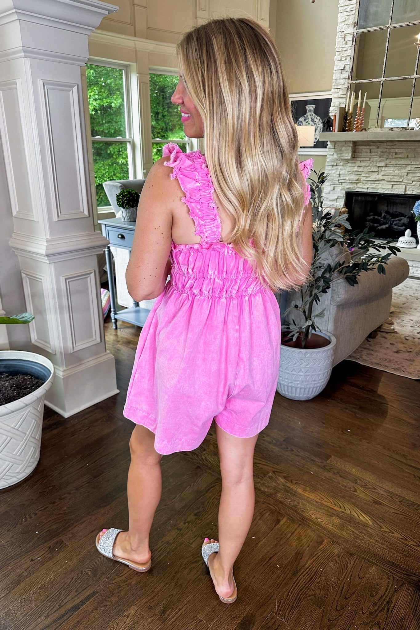 Mineral Wash Denim Fit & Flare Stretchy Romper in Pink