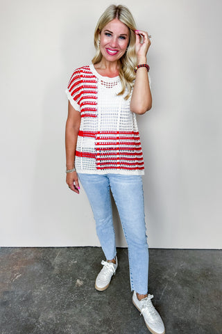 Red Striped Color Block Crochet Knit Cream Top