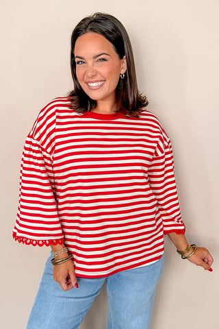 Red & White Striped Boxy Lace Detail Top
