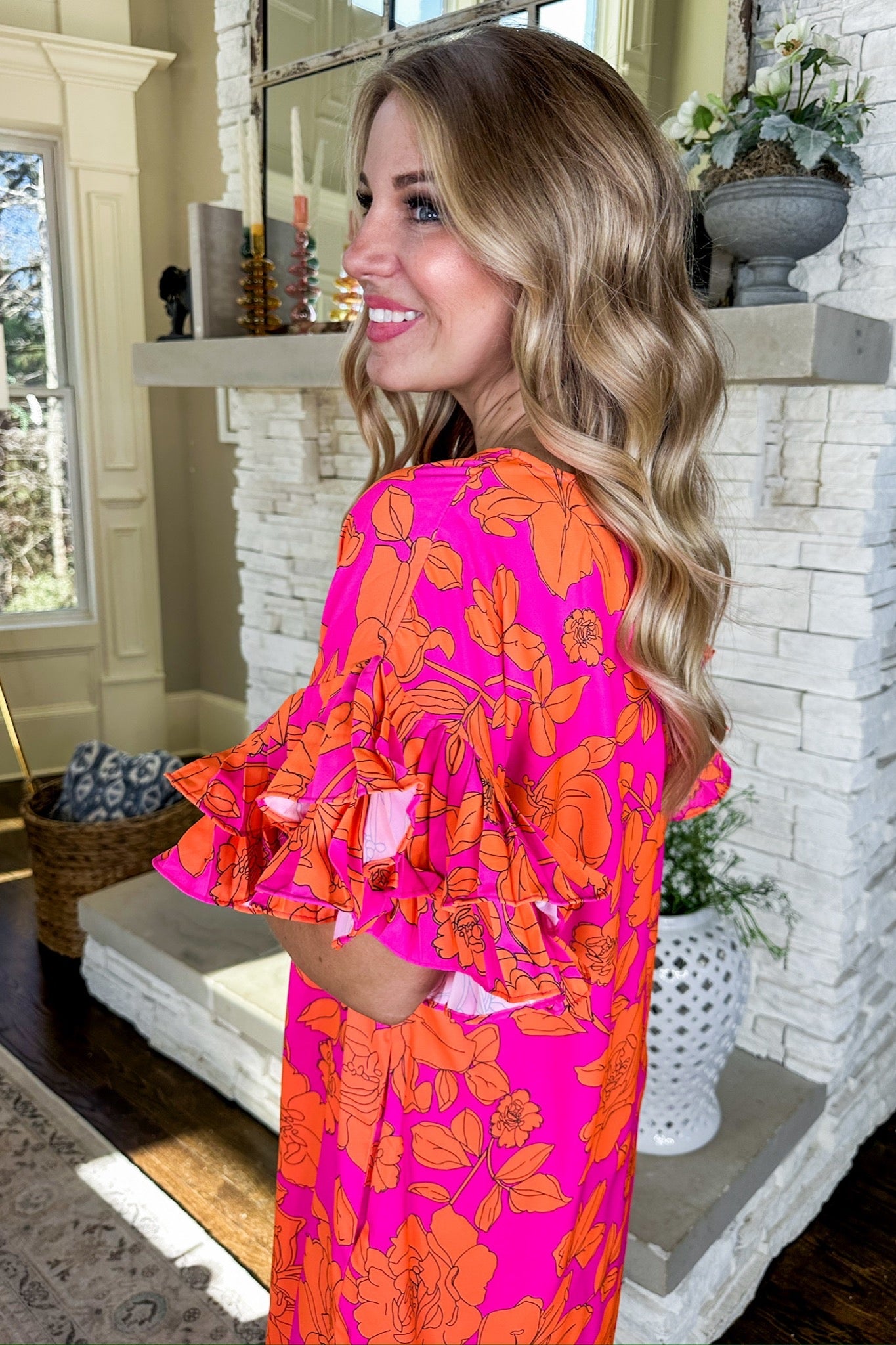 Hot Pink & Orange Pleated Ruffle Sleeve Floral Dress