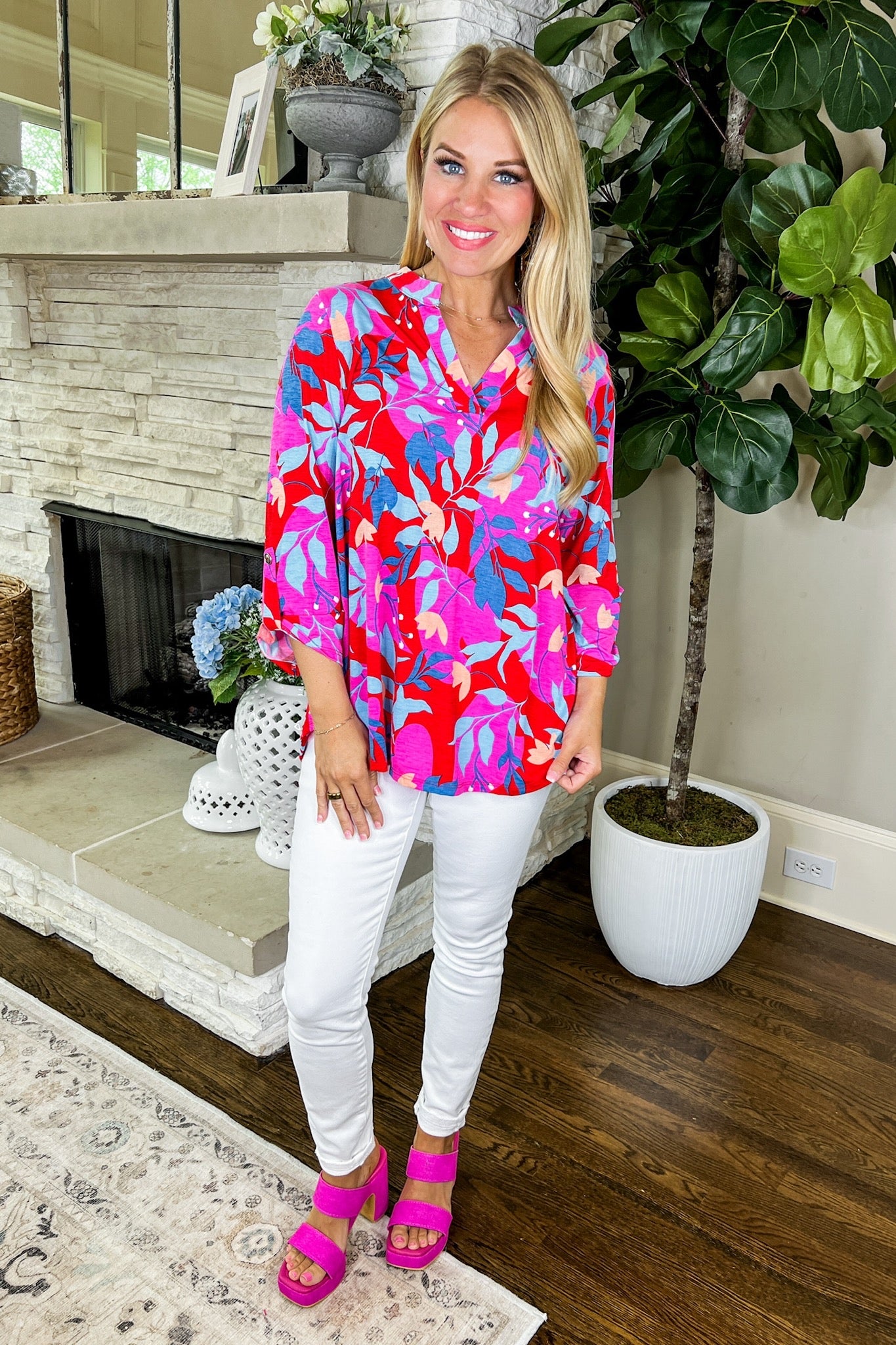 The Lizzy Top in Pink Multi Leaf Print