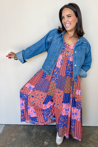 Wooden Button Down Coral/Blue Patchwork Print Sleeveless Jumpsuit