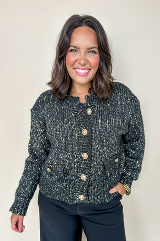 Chunky Shank Button Gold Mixed Knit Sweater Cardigan in Black
