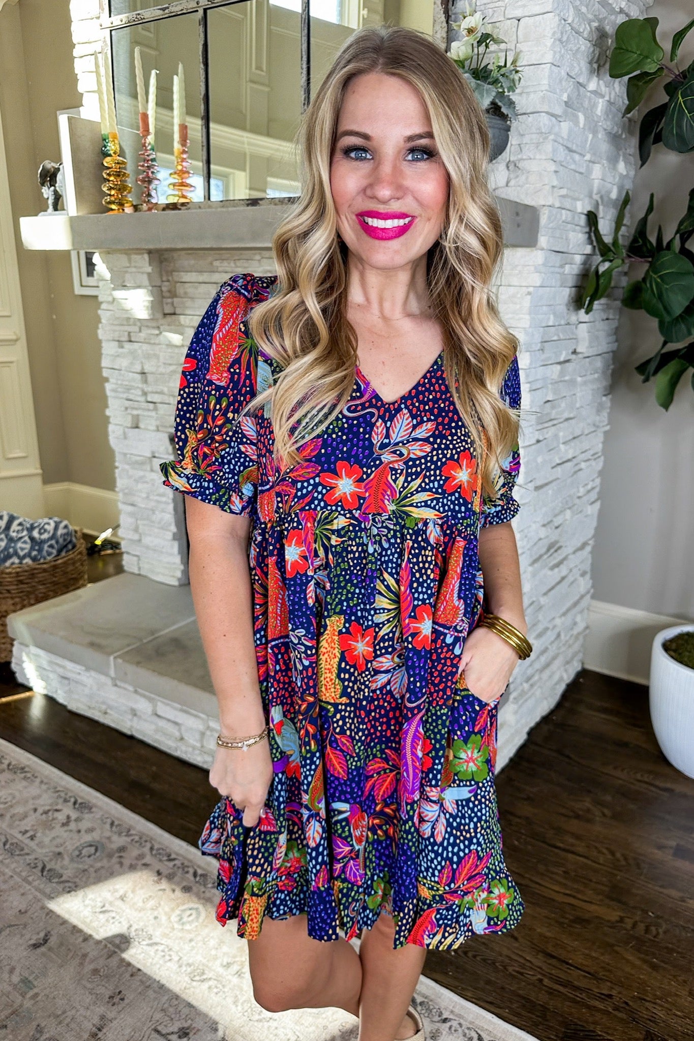 Floral Spot Print Navy Pocketed Dress