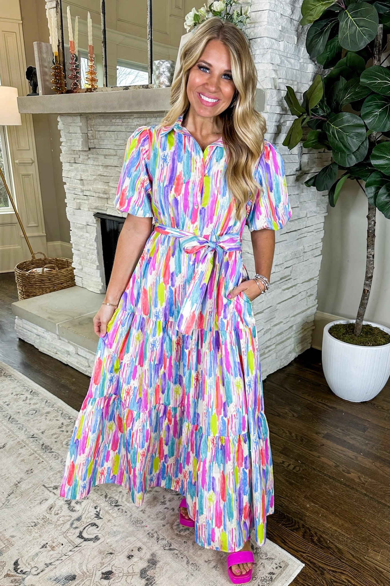 Pastel Watercolor Puff Sleeve Tiered Maxi Dress