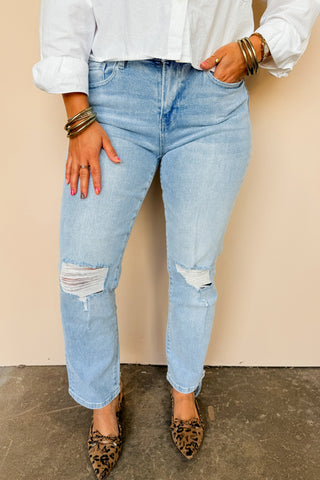 Light Wash Distressed Mid Rise Destroyed Hem Straight Ankle Jean